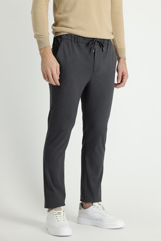 Erkek Giyim - Slim Fit Dar Kesim Beli Lastikli İpli Çizgili Likralı Klasik Pantolon