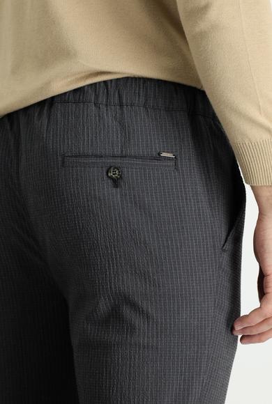 Erkek Giyim - Siyah 56 Beden Slim Fit Beli Lastikli İpli Çizgili Likralı Klasik Pantolon