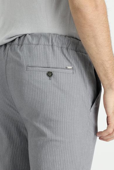 Erkek Giyim - ORTA GRİ 54 Beden Slim Fit Beli Lastikli İpli Çizgili Likralı Klasik Pantolon