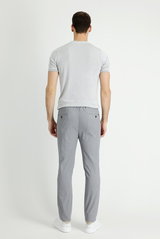 Erkek Giyim - Slim Fit Beli Lastikli İpli Çizgili Likralı Klasik Pantolon