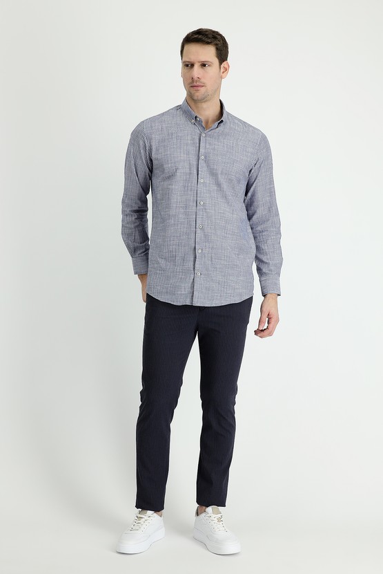 Erkek Giyim - Slim Fit Beli Lastikli İpli Çizgili Likralı Klasik Pantolon