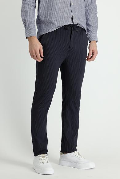 Erkek Giyim - KOYU LACİVERT 54 Beden Slim Fit Beli Lastikli İpli Çizgili Likralı Klasik Pantolon