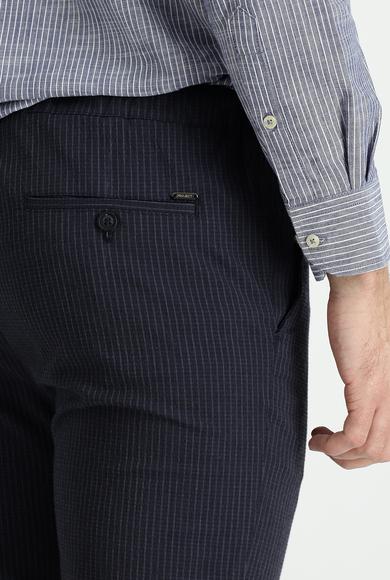 Erkek Giyim - KOYU LACİVERT 54 Beden Slim Fit Beli Lastikli İpli Çizgili Likralı Klasik Pantolon