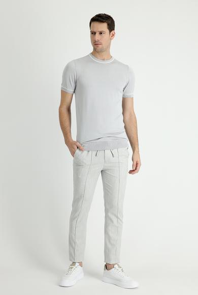 Erkek Giyim - Açık Gri 50 Beden Slim Fit Beli Lastikli İpli Desenli Keten Pantolon