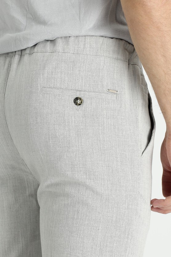 Erkek Giyim - Slim Fit Beli Lastikli İpli Desenli Keten Pantolon
