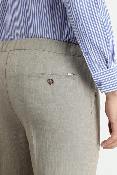 Erkek Giyim - AÇIK KAHVE 48 Beden Slim Fit Beli Lastikli İpli Desenli Keten Pantolon