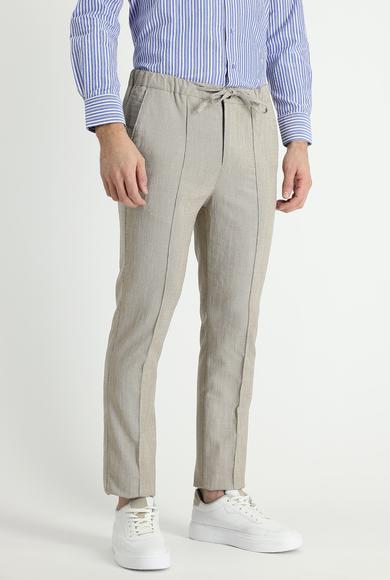 Erkek Giyim - AÇIK KAHVE 48 Beden Slim Fit Beli Lastikli İpli Desenli Keten Pantolon