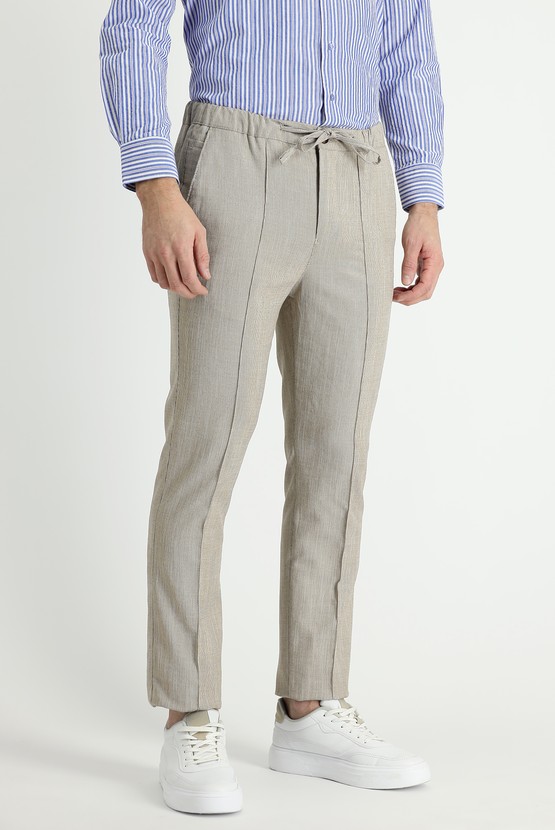 Erkek Giyim - Slim Fit Dar Kesim Beli Lastikli İpli Desenli Keten Kumaş Pantolon