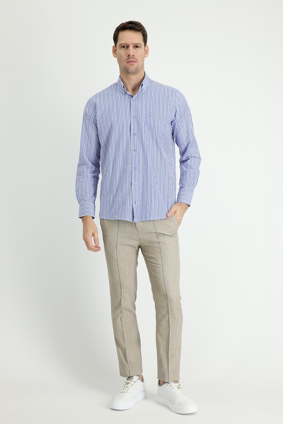Erkek Giyim - Slim Fit Dar Kesim Beli Lastikli İpli Desenli Keten Kumaş Pantolon