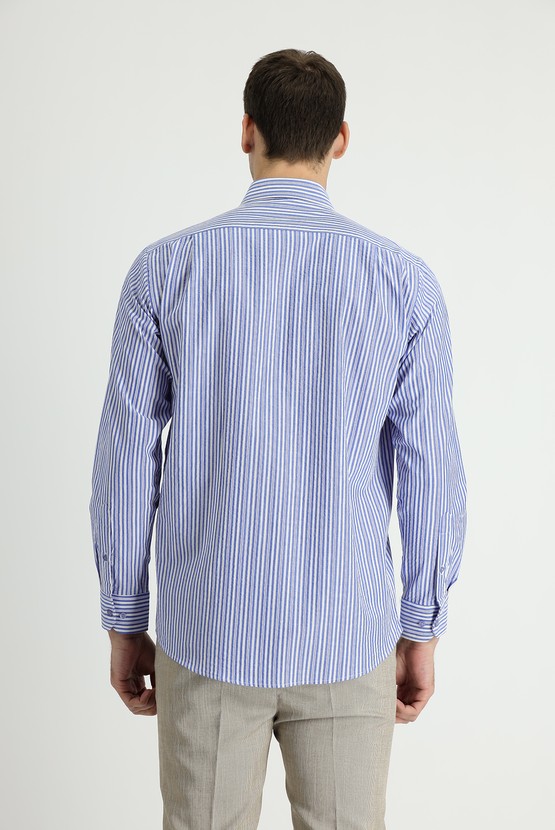 Erkek Giyim - Uzun Kol Regular Fit Çizgili Spor Pamuk Gömlek
