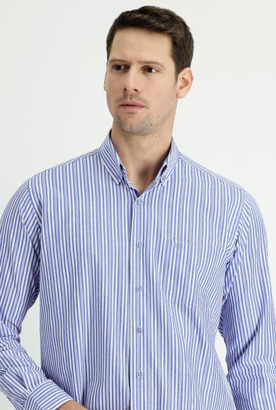 Erkek Giyim - SAKS MAVİ S Beden Uzun Kol Regular Fit Çizgili Spor Pamuk Gömlek