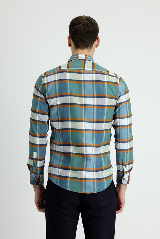Erkek Giyim - Uzun Kol Slim Fit Dar Kesim Ekose Oduncu Gömlek