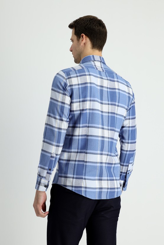 Erkek Giyim - Uzun Kol Slim Fit Dar Kesim Ekose Oduncu Pamuklu Gömlek