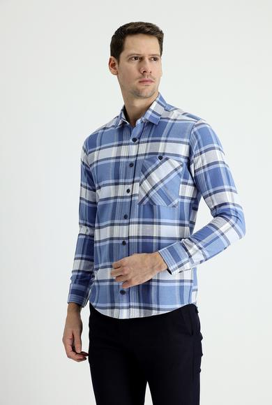 Erkek Giyim - HAVACI MAVİ M Beden Uzun Kol Slim Fit Ekose Oduncu Pamuklu Gömlek