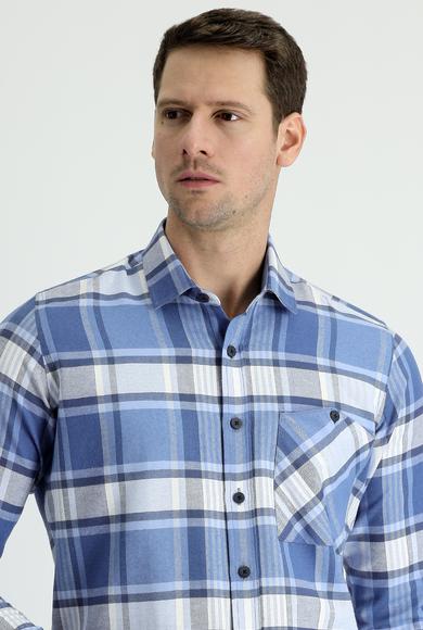 Erkek Giyim - HAVACI MAVİ M Beden Uzun Kol Slim Fit Ekose Oduncu Pamuklu Gömlek