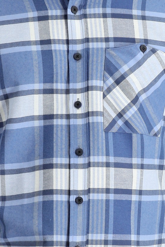 Erkek Giyim - Uzun Kol Slim Fit Dar Kesim Ekose Oduncu Pamuklu Gömlek