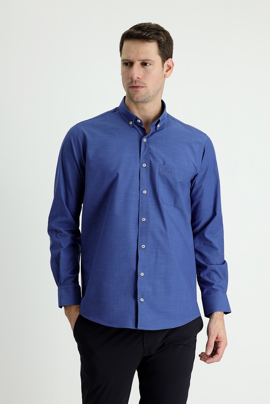 Erkek Giyim - Uzun Kol Regular Fit Keten Görünümlü Pamuk Gömlek
