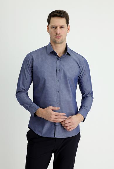 Erkek Giyim - KOYU LACİVERT M Beden Uzun Kol Slim Fit Desenli Pamuk Gömlek