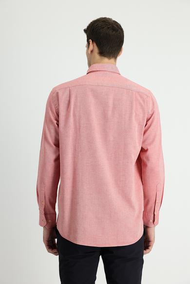 Erkek Giyim - MERCAN KIRMIZI 4X Beden Uzun Kol Regular Fit Keten Gömlek