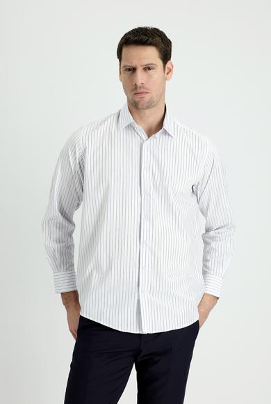 Erkek Giyim - ORTA LACİVERT 3X Beden Uzun Kol Klasik Çizgili Pamuk Gömlek