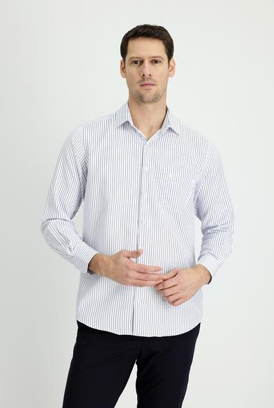 Erkek Giyim - BEYAZ XL Beden Uzun Kol Regular Fit Çizgili Pamuklu Gömlek