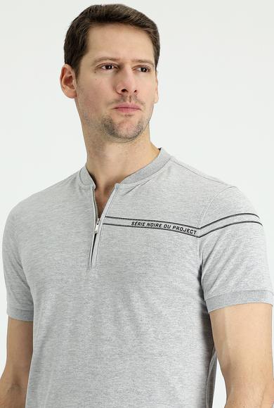Erkek Giyim - ORTA GRİ XL Beden Bisiklet Yaka Slim Fit Fermuarlı Baskılı Pamuklu Tişört