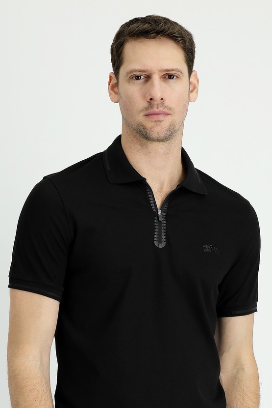 Erkek Giyim - Polo Yaka Slim Fit Dar Kesim Fermuarlı Baskılı Tişört