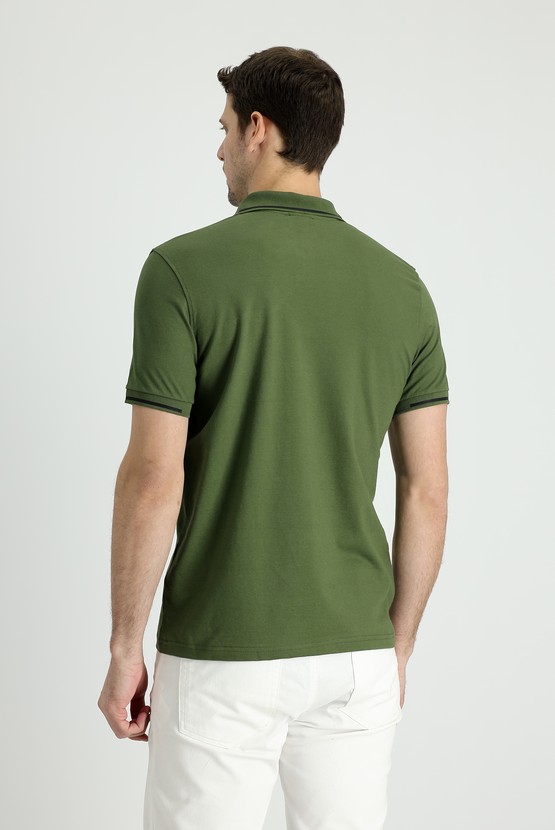 Erkek Giyim - Polo Yaka Slim Fit Dar Kesim Fermuarlı Baskılı Tişört