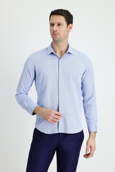 Erkek Giyim - KOYU MAVİ S Beden Uzun Kol Slim Fit Klasik Desenli Pamuklu Gömlek