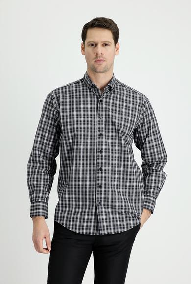 Erkek Giyim - SİYAH 3X Beden Uzun Kol Regular Fit Ekose Pamuk Gömlek
