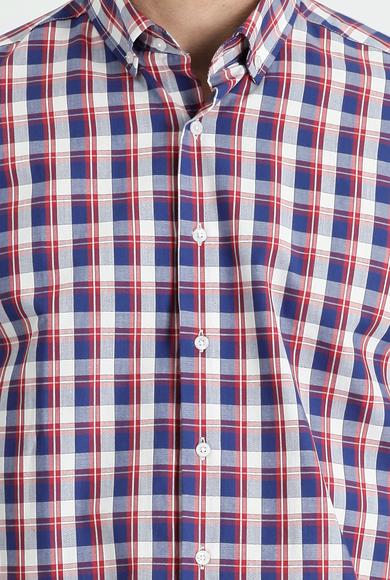 Erkek Giyim - ORTA LACİVERT XL Beden Uzun Kol Regular Fit Ekose Pamuk Gömlek