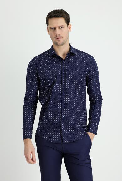 Erkek Giyim - KOYU LACİVERT XL Beden Uzun Kol Slim Fit Baskılı Pamuk Gömlek