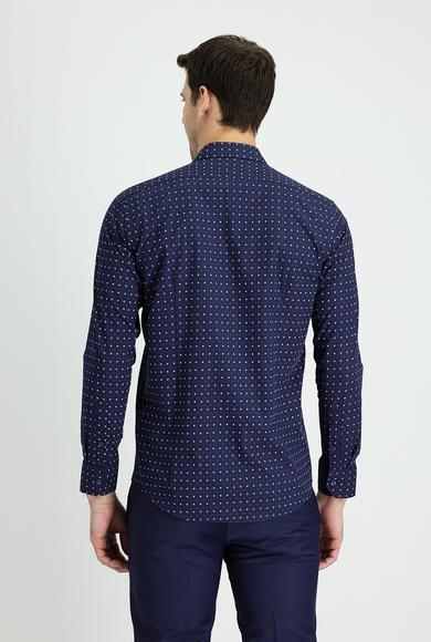 Erkek Giyim - KOYU LACİVERT XL Beden Uzun Kol Slim Fit Baskılı Pamuk Gömlek