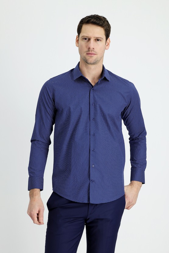 Erkek Giyim - Uzun Kol Slim Fit Dar Kesim Baskılı Pamuk Gömlek