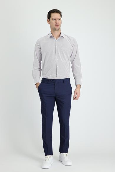 Erkek Giyim - ORTA LACİVERT 48 Beden Slim Fit Desenli Likralı Klasik Pantolon
