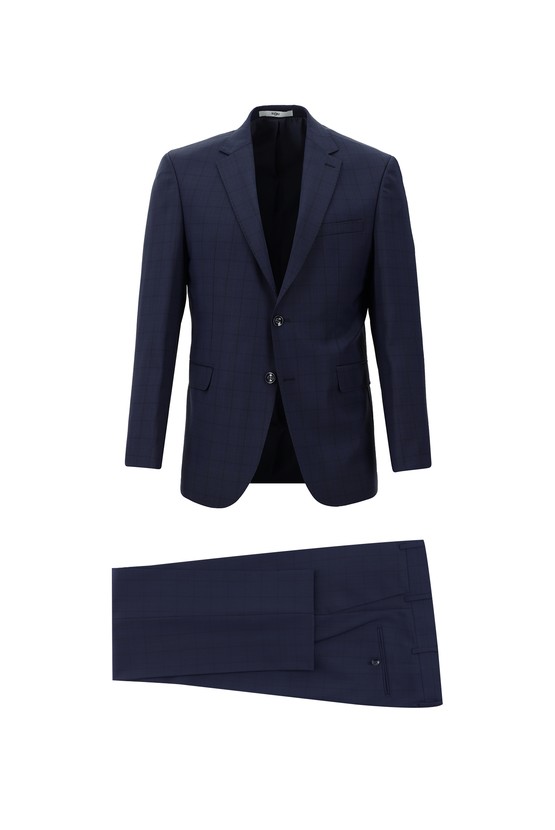 Erkek Giyim - Slim Fit Yünlü Klasik Ekose Takım Elbise