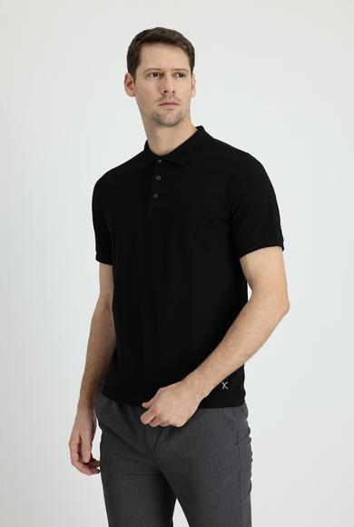 Erkek Giyim - SİYAH 3X Beden Polo Yaka Regular Fit Nakışlı Pamuk Tişört