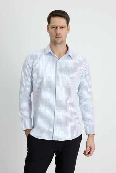 Erkek Giyim - AÇIK MAVİ XXL Beden Uzun Kol Slim Fit Çizgili Pamuklu Gömlek