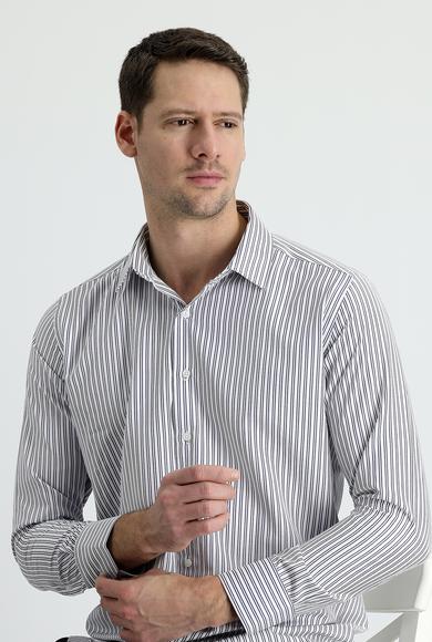 Erkek Giyim - KOYU LACİVERT XXL Beden Uzun Kol Slim Fit Çizgili Pamuklu Gömlek