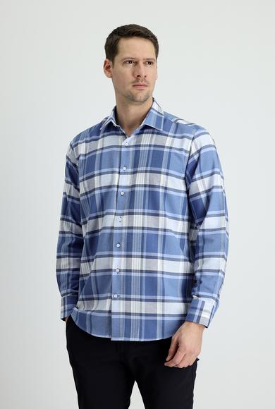 Erkek Giyim - HAVACI MAVİ S Beden Uzun Kol Regular Fit Ekose Pamuklu Gömlek