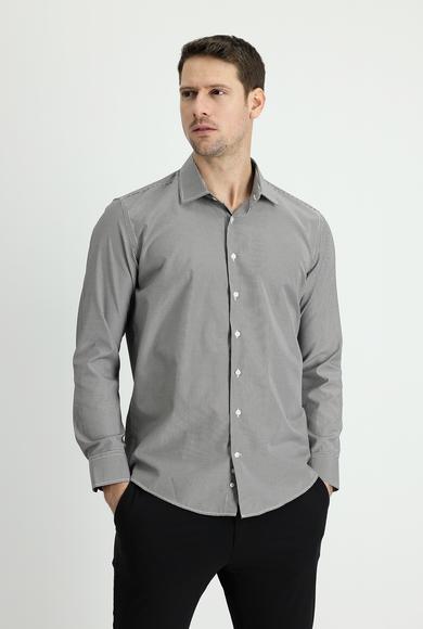Erkek Giyim - SİYAH S Beden Uzun Kol Slim Fit Klasik Çizgili Pamuklu Gömlek