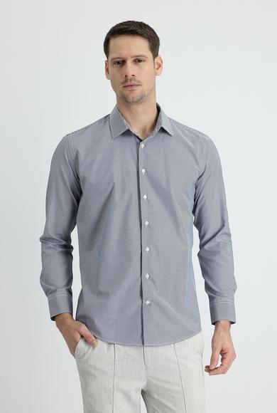 Erkek Giyim - KOYU LACİVERT S Beden Uzun Kol Slim Fit Klasik Çizgili Pamuklu Gömlek