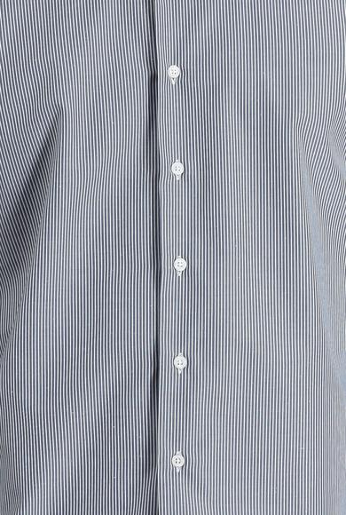 Erkek Giyim - KOYU LACİVERT S Beden Uzun Kol Slim Fit Klasik Çizgili Pamuklu Gömlek
