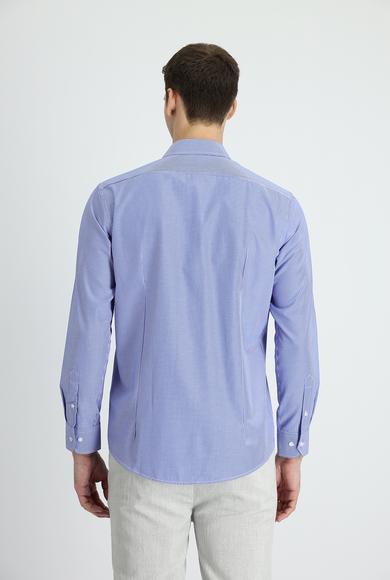 Erkek Giyim - KOYU MAVİ XL Beden Uzun Kol Slim Fit Klasik Çizgili Pamuklu Gömlek