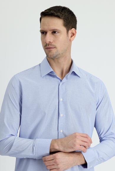 Erkek Giyim - AÇIK MAVİ XL Beden Uzun Kol Slim Fit Klasik Çizgili Pamuklu Gömlek