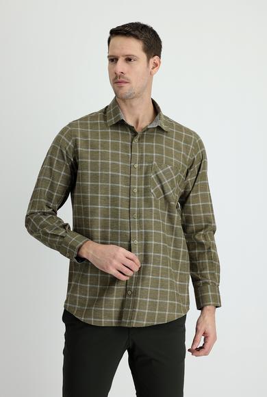 Erkek Giyim - ORTA HAKİ XXL Beden Uzun Kol Regular Fit Ekose Oduncu Gömlek
