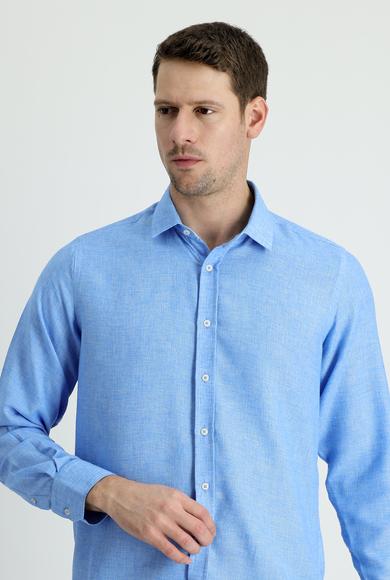 Erkek Giyim - MAVİ L Beden Uzun Kol Regular Fit Keten Gömlek