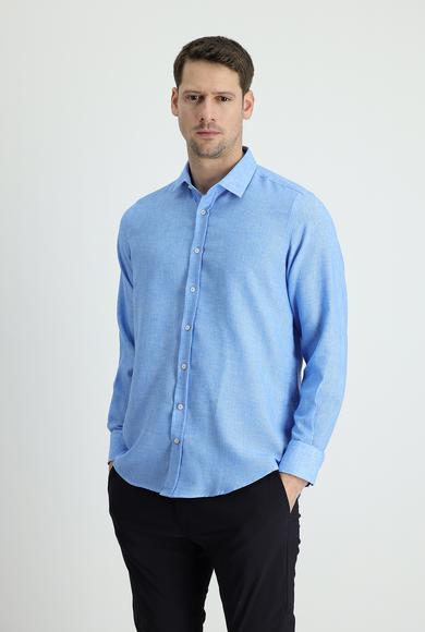 Erkek Giyim - MAVİ L Beden Uzun Kol Regular Fit Keten Gömlek