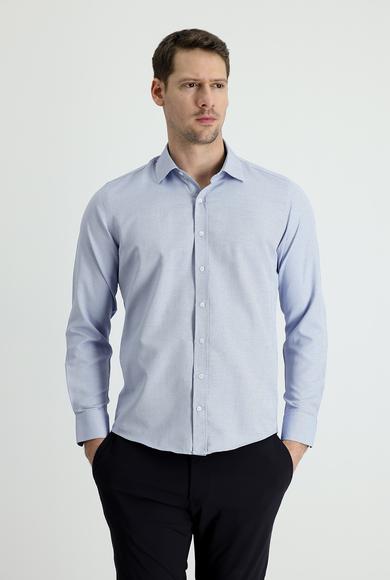Erkek Giyim - MAVİ XL Beden Uzun Kol Slim Fit Desenli Gömlek