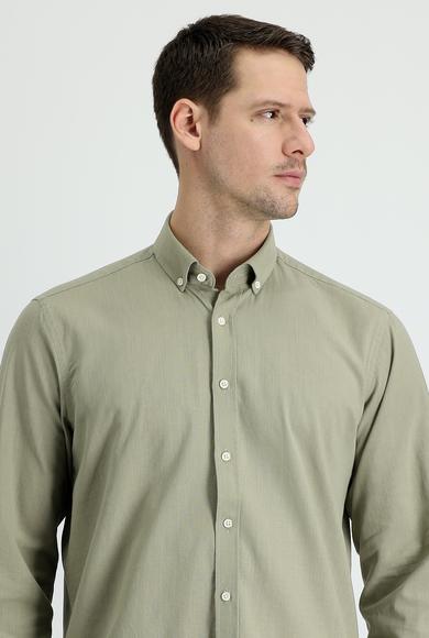 Erkek Giyim - AÇIK HAKİ 3X Beden Uzun Kol Regular Fit Keten Görünümlü Pamuk Spor Gömlek